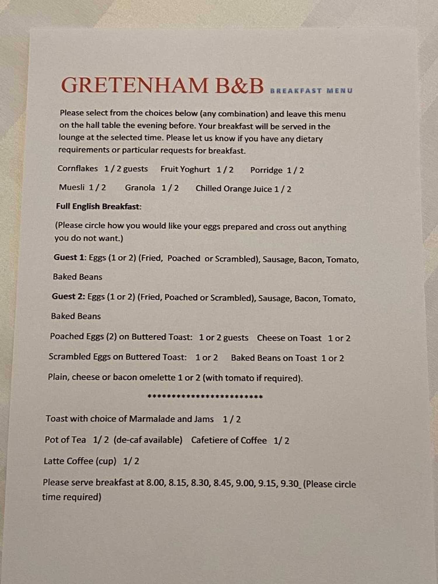 Gift card for Gretenham B&b